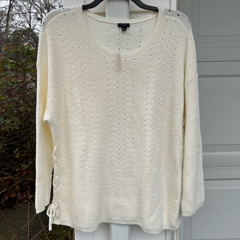 NWT Talbots Pretty Cream Sweater Fun Side Lacing  Ties Long Sleeve Sweater